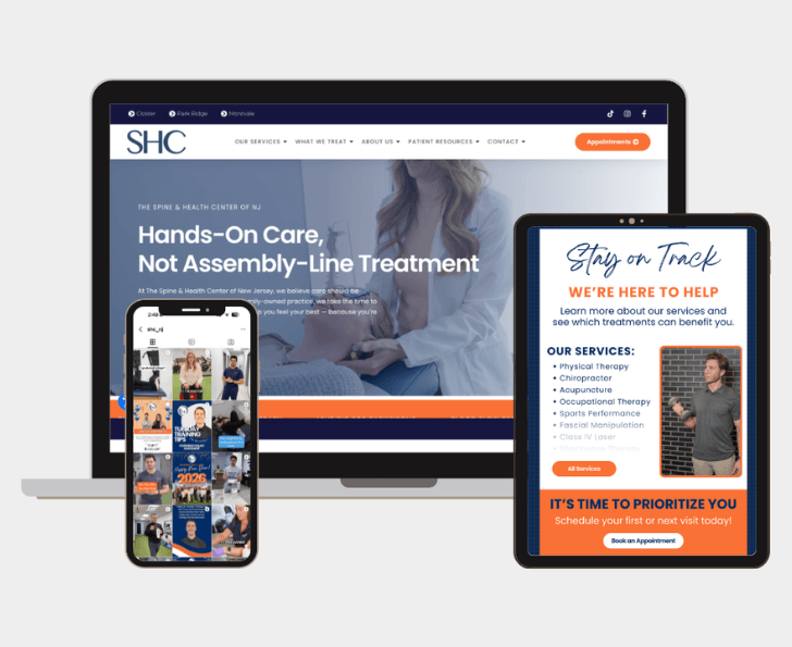 Multi-device mockup demonstrating a homepage, social media feed & email marketing example