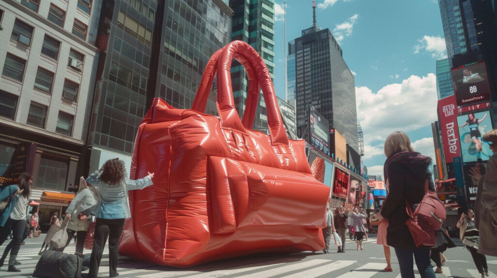 CGI example of a bus-sized plush orange bag in the middle of New York City